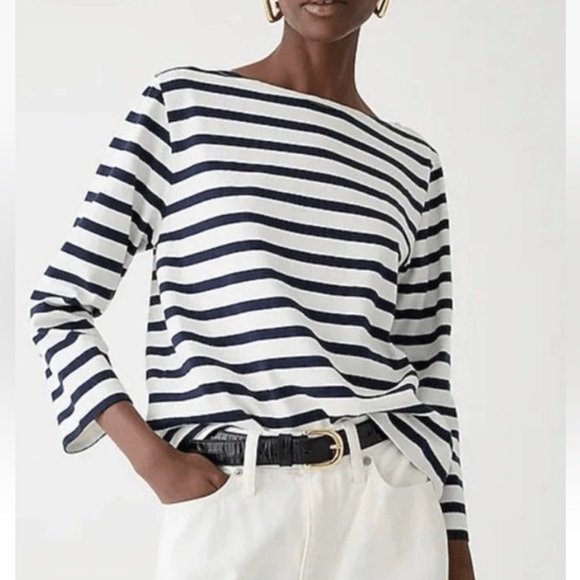 J. Crew Tops - J Crew women boatneck white shirt black navy stripe size M Cotton 3/4 sleeve